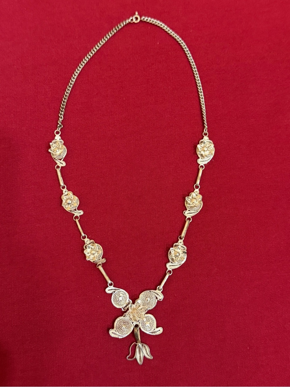 Handmade Silver Filigree Butterfly Necklace Vintage Balkan Telkari Tulip Pendant